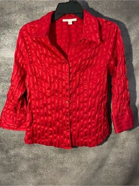 JM Collection Women Size 8 Red Textured Stripe Button Up 3/4 Sleeve Blouse Shirt